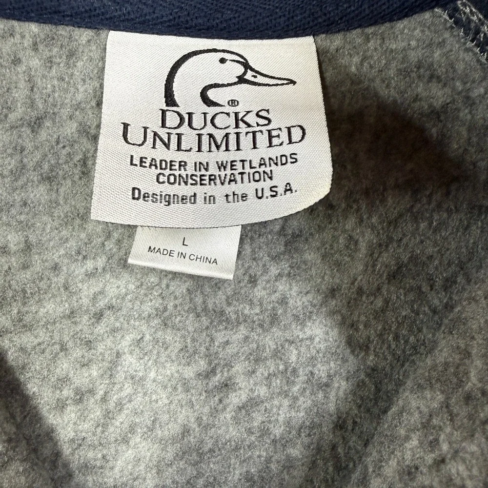Ducks Unlimited Pullover Sweater Mens L Gray Navy Marled Quarter Zip Fleece